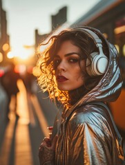 Obraz premium Urban sunset portrait of young woman with headphones street scene lifestyle photography evening glow candid view