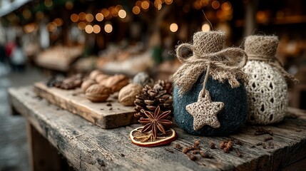 Crafted holiday decor items local market photography festive close-up celebration vibe