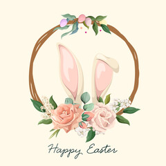 Happy Easter. Poster with cute bunny ears and flowers. Vector.
