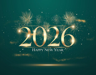 Green New Year's Eve background with a golden 2026 inscription, fireworks, and Happy New Year wishes