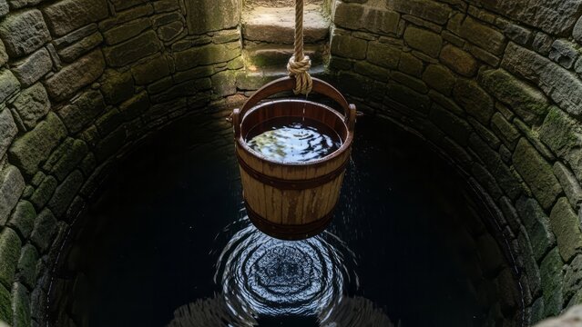 Wooden Bucket in Stone Well Water Rustic Vintage. Concept featuring well, bucket, water, stone, rustic.