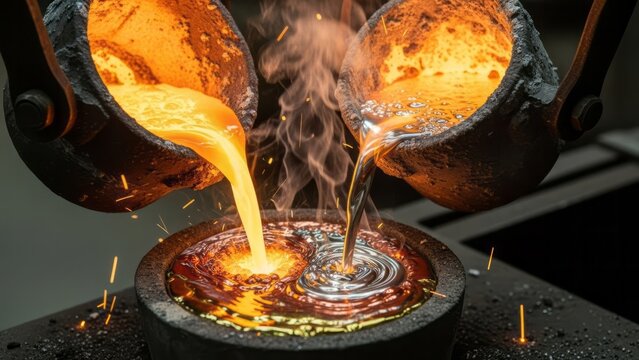 Molten Metal Pouring in Foundry Casting Process Metalwork Industrial. Concept featuring molten metal, foundry, casting process, metalwork, industrial.