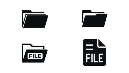 Black file folder and document icons on white background