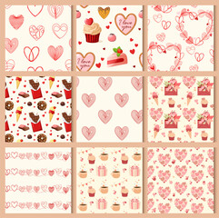 A set of seamless patterns with hearts. Vector.
