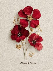 Elegant Valentine's card with pressed red flowers and Always and Forever text on paper background