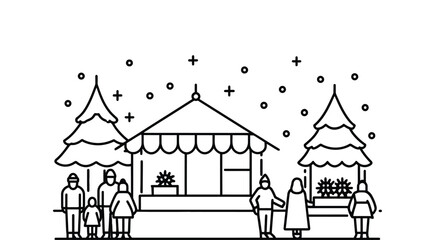 People enjoy festive outdoor market with snow