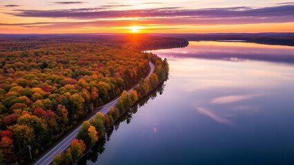 Aerial view of winding road through autumn forest beside calm lake at sunset fall