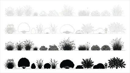 Architectural grass linework set silhouettes, sections, and turf details for CAD drawings. 