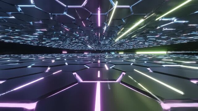 Futuristic hexagonal corridor with neon lights