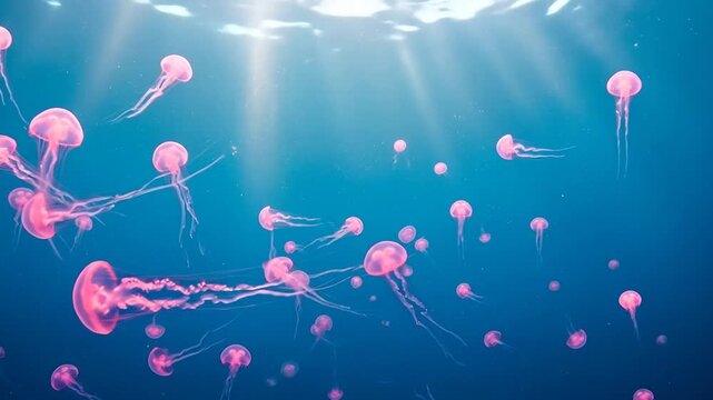 Glowing pink jellyfish drift gracefully through deep blue sunlit water.