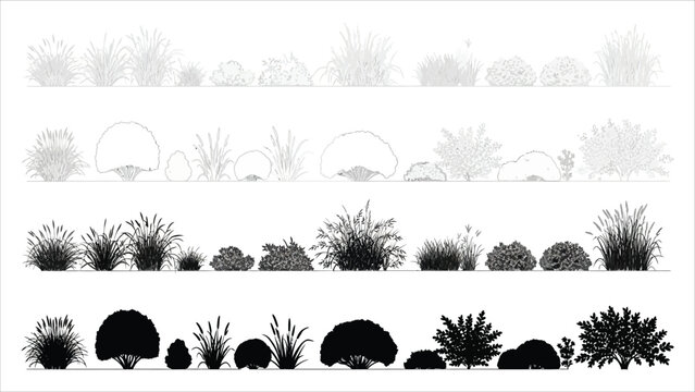 Architectural grass linework set silhouettes, sections, and turf details for CAD drawings. 
