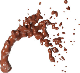 Realistic liquid chocolate splash isolated clipart, creamy richness, brown splashing jet with droplets mid-air 3d render