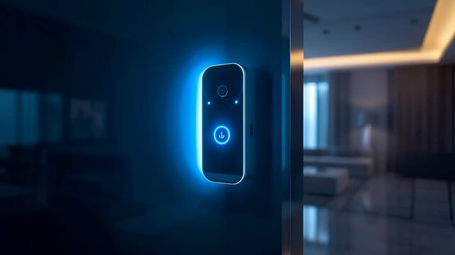 Smart access control panel glowing with blue light mounted on wall inside modern interior showing secure entry system and digital home technology