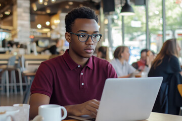 Young man working on laptop in busy cafe with people around