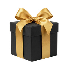 Black square gift box with large gold bow on transparent background
