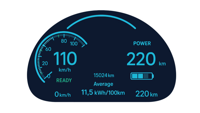 Electric vehicle dashboard display with speedometer and battery level indicators