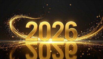 Golden 2026 celebration, sparkles and light streaks