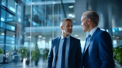 Two faceless men discussing project ideas in modern office environment, defocused professional consultation, workplace collaboration, business discussion, corporate planning moment, with