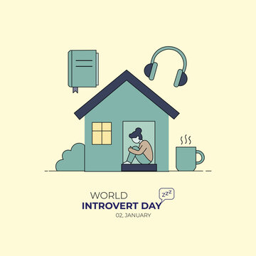 Minimal flat vector illustration of an introverted person sitting peacefully inside a cozy house social media poster for World Introvert Day