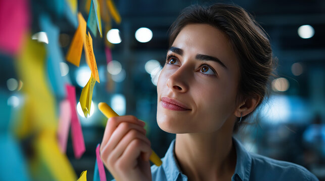 Young faceless businesswoman creative team using sticky notes in glass wall to writing strategy business plan to development grow to success, defocused adhesive planning, visual strategy, - Powered by Adobe