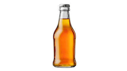 A full brown glass lager beer bottle with a cold liquid beverage and metal cap remains isolated on a white background 