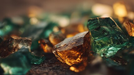 Textured glass shards in green and gold tones, macro photography