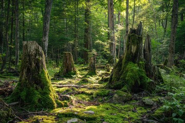 Obraz premium Textured tree stumps with moss in a calm forest floor setting