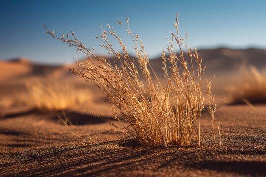 Textured Sahara scene with tufts of grass and sunlit sand