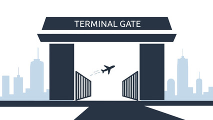 Terminal Gate with Airplane Taking Off in the City Background