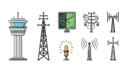 Fototapeta premium Communication Towers and Meteorological Equipment Vector Illustration