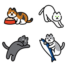 Obraz premium Cute cat set in different poses, flat cartoon style illustration