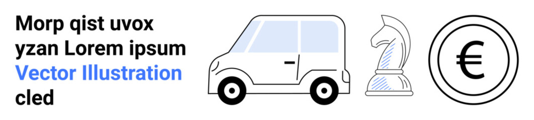 Transportation, game strategy, finance, business planning, creativity, mobility. ion of a car, chess knight and Euro coin symbols. Transportation and game strategy concept