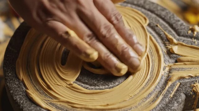 Close up of hands with yellow clay shaping a spiral design on a textured grey stone surface with soft warm lighting and blurred colorful background elements