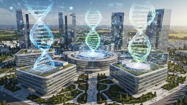 Wide drone shot of research campus with genome data overlays and HDR aerial perspective