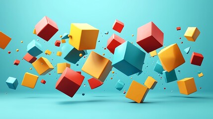 Abstract background with dynamic floating colorful 3D cubes and spheres on a cyan backdrop