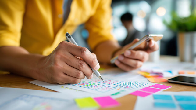 Closeup UX developer and UI designer faceless brainstorming about mobile app interface wireframe design on table with customer brief and color code at modern office creative digital - Powered by Adobe