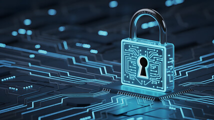 A futuristic digital padlock on a circuit board background with glowing blue lines and dots