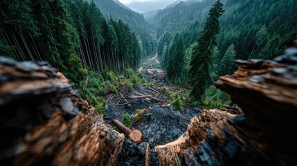 Landscape of deforestation with cut tree trunks and standing forest in background. Concept of environmental damage, logging industry, climate change and nature conservation.