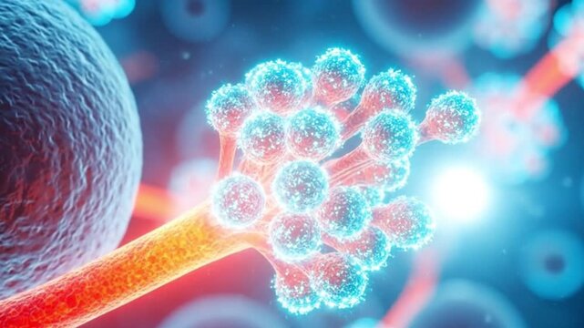 A microscopic view of fungal spores and hyphae in a vibrant detailed illustration