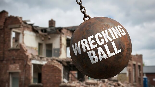 Massive Wrecking Ball Suspended Above Demolished Building.