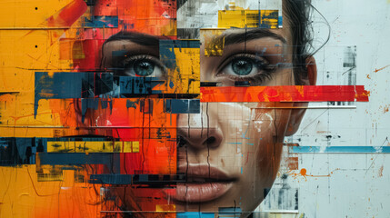 Abstract portrait of a woman with colorful street art elements and glitch effect