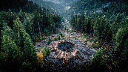 Landscape of deforestation with cut tree trunks and standing forest in background. Concept of environmental damage, logging industry, climate change and nature conservation.