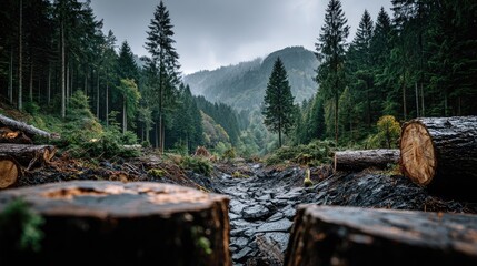 Landscape of deforestation with cut tree trunks and standing forest in background. Concept of environmental damage, logging industry, climate change and nature conservation.
