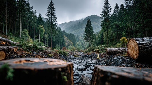 Landscape of deforestation with cut tree trunks and standing forest in background. Concept of environmental damage, logging industry, climate change and nature conservation. - Powered by Adobe