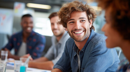 Fototapeta premium Group of casually dressed faceless business people discussing ideas in office, creative professionals gathered at meeting table for discuss important issues of new successful startup