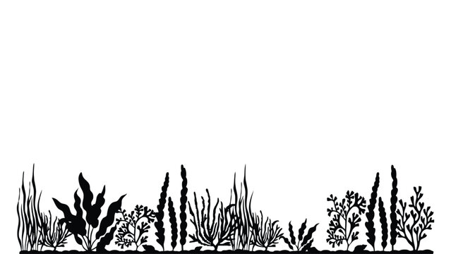 Black silhouette of various aquatic plants and seaweed on white background