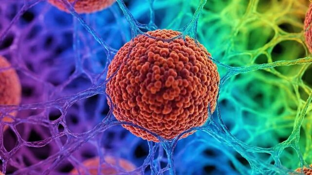 A vibrant microscopic view displaying cells connected by a complex network structure