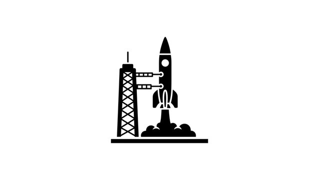Rocket launch illustration with tower on a white background, space exploration concept