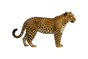Majestic leopard standing in side profile with detailed spotted fur pattern isolated on a transparent background