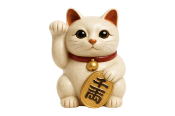Traditional lucky cat figurine with raised paw and golden charm Isolated on a Transparent Background
